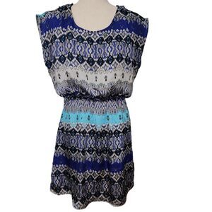 Forever 21 Bohemian Sleeveless Dress Elastic Waist Blue Print Size L Made in USA